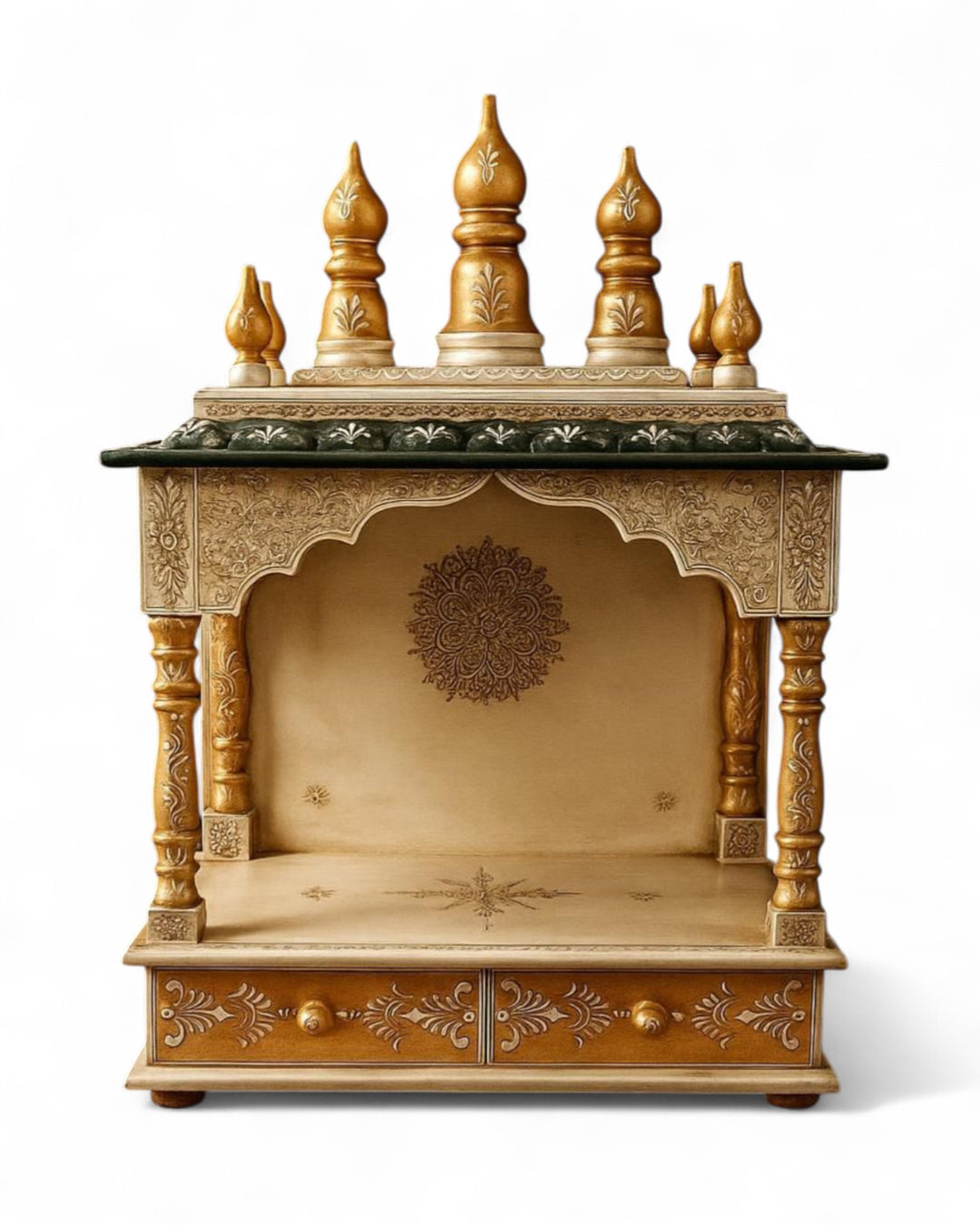 Hand-Carved Mango Wood Mandir – Natural & Green with Dome Finials