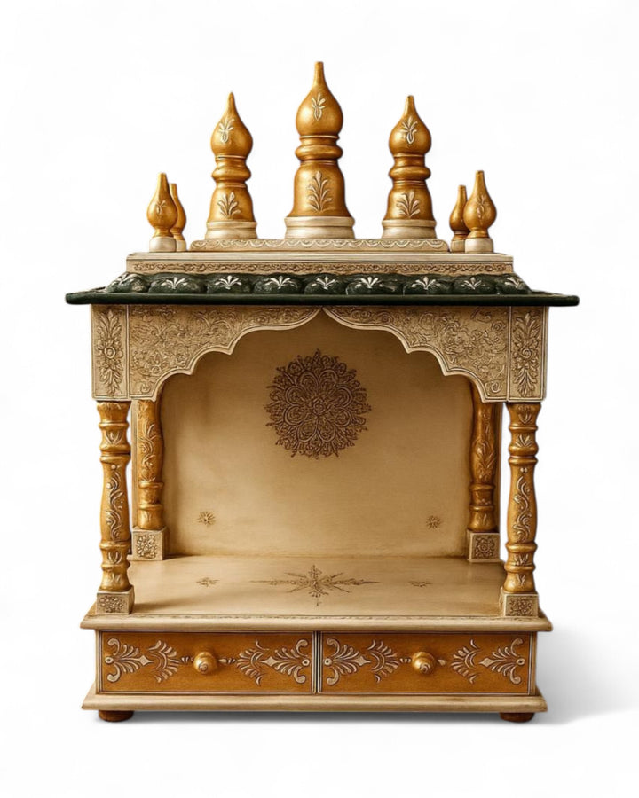 Hand-Carved Mango Wood Mandir – Natural & Green with Dome Finials