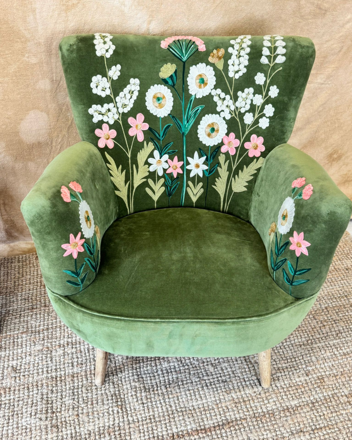 Green Velvet Hand-Embroidered Wingback Armchair