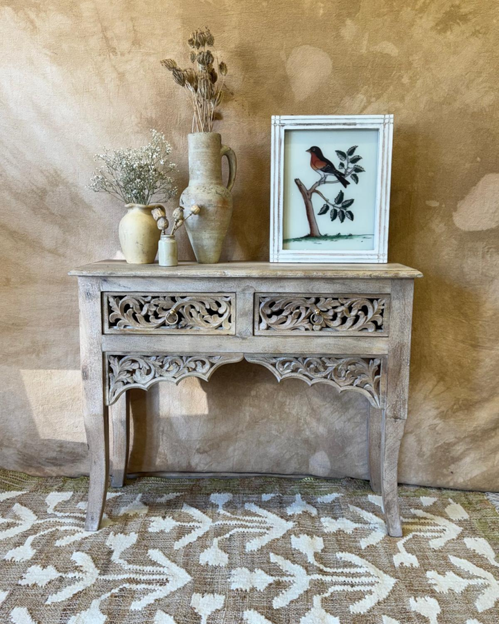 Hand-Carved Mango Wood Console Table – Sandblasted Natural Finish with Two Drawers