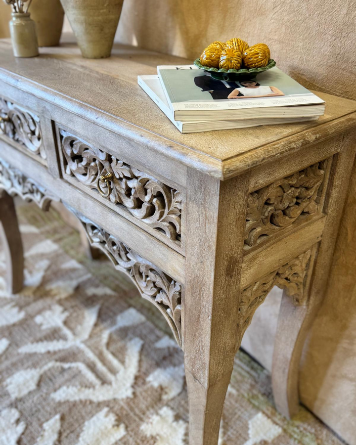 Hand-Carved Mango Wood Console Table – Sandblasted Natural Finish with Two Drawers