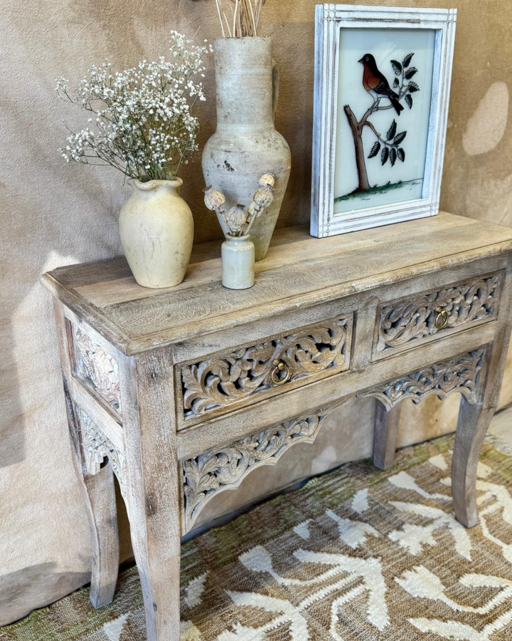 Hand-Carved Mango Wood Console Table – Sandblasted Natural Finish with Two Drawers