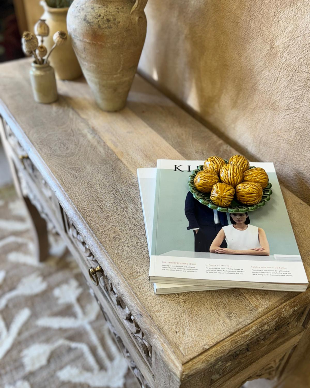 Hand-Carved Mango Wood Console Table – Sandblasted Natural Finish with Two Drawers