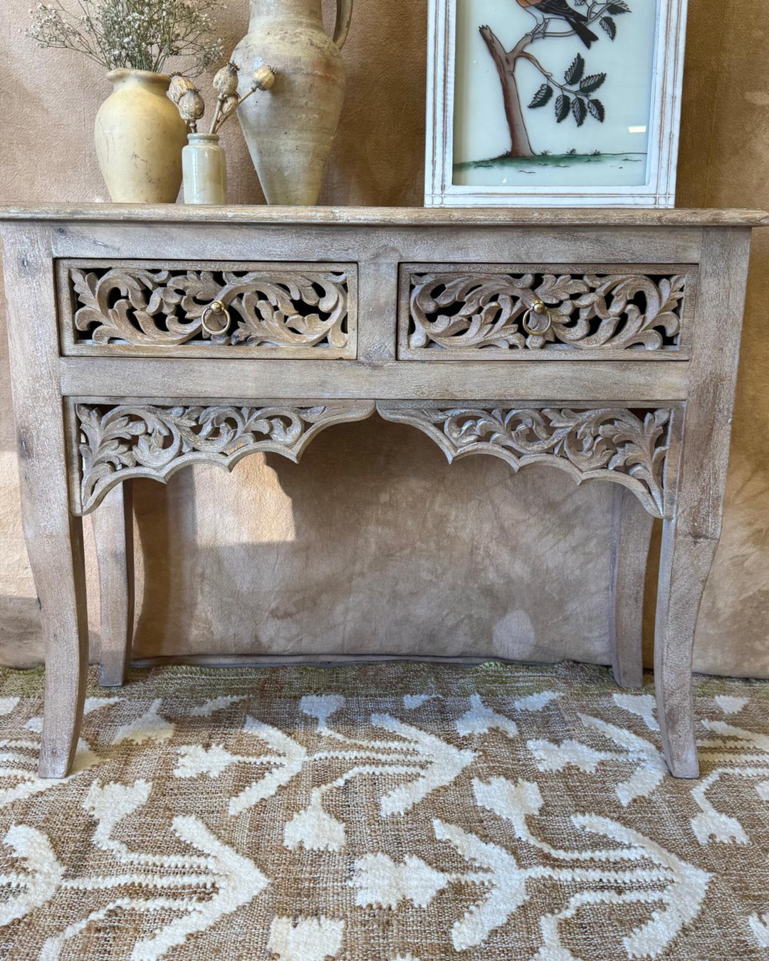 Hand-Carved Mango Wood Console Table – Sandblasted Natural Finish with Two Drawers