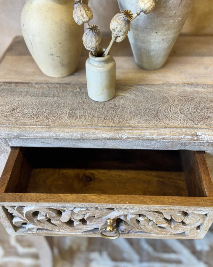 Hand-Carved Mango Wood Console Table – Sandblasted Natural Finish with Two Drawers