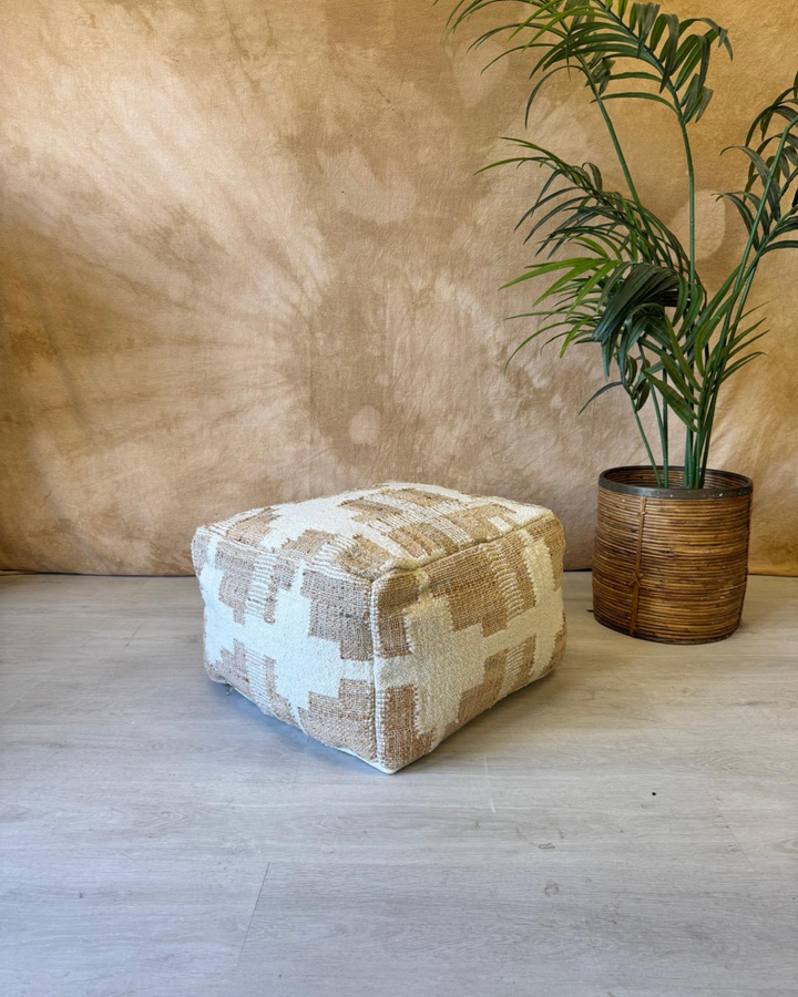 Handwoven Jute & Boucle Pouf – Natural & Cream Textured Design (55 x 55 x 35cm)