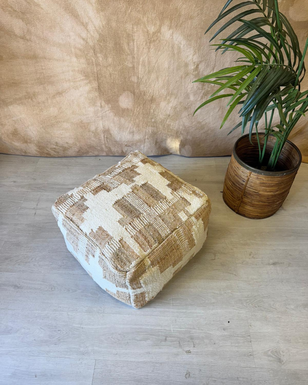 Handwoven Jute & Boucle Pouf – Natural & Cream Textured Design (55 x 55 x 35cm)