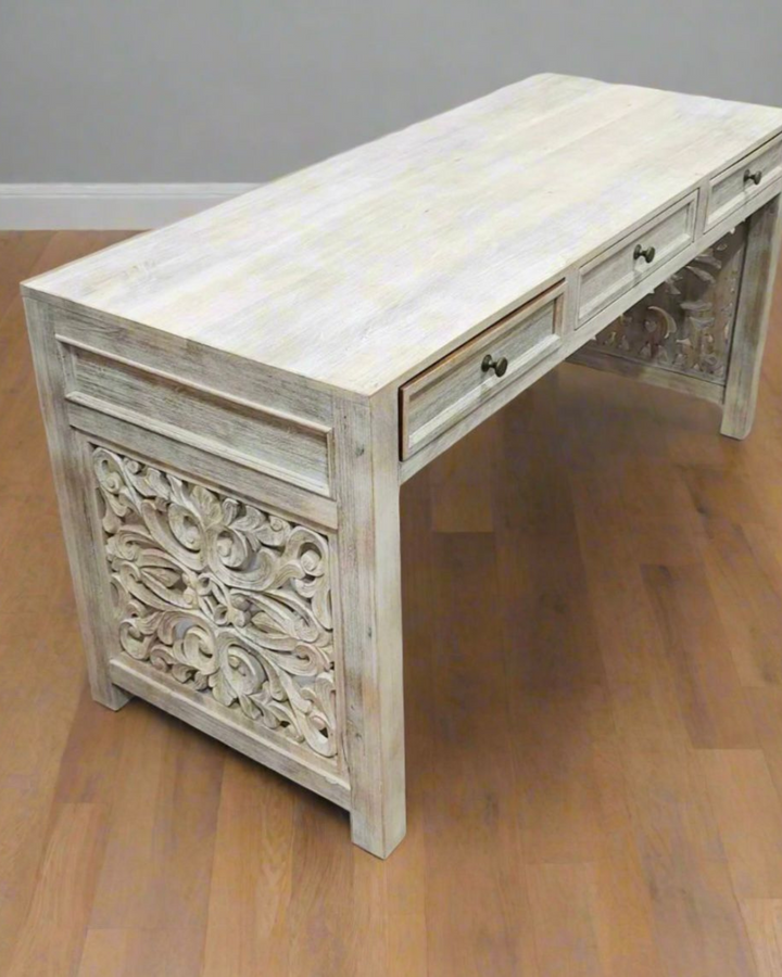 3-Drawer Hand-Carved Desk / Dressing Table in Whitewash Finish