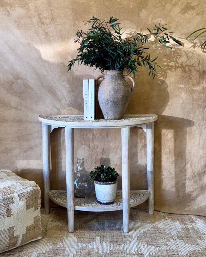 Hand-Carved Mango Wood Semi-Circular Console Table – Natural Finish with Floral Detailing