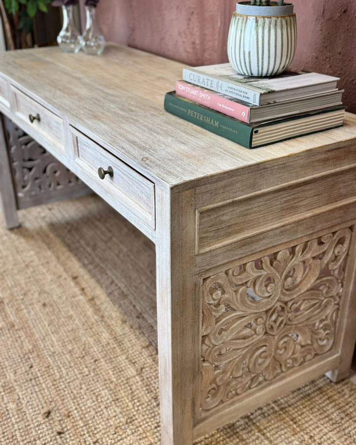 3-Drawer Hand-Carved Desk / Dressing Table in Whitewash Finish