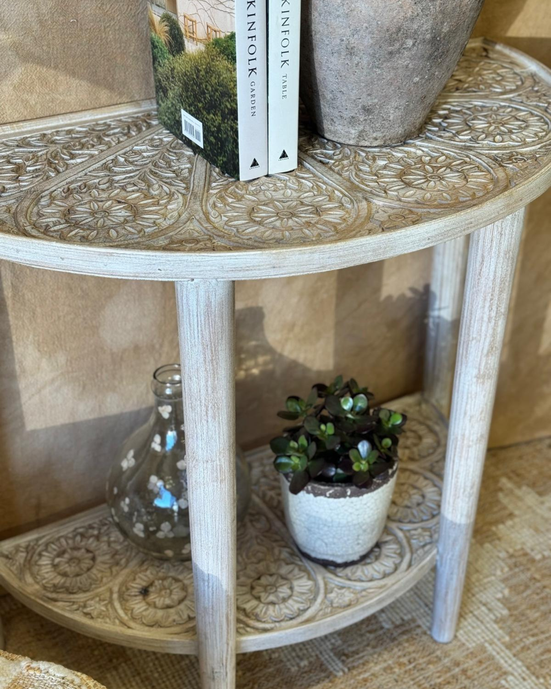 Hand-Carved Mango Wood Semi-Circular Console Table – Natural Finish with Floral Detailing