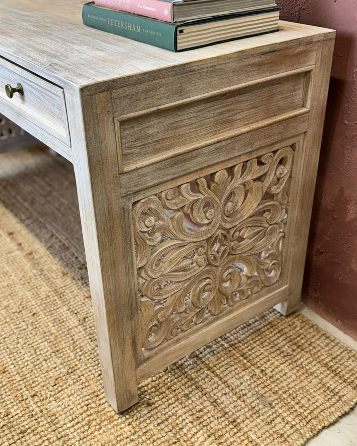 3-Drawer Hand-Carved Desk / Dressing Table in Whitewash Finish