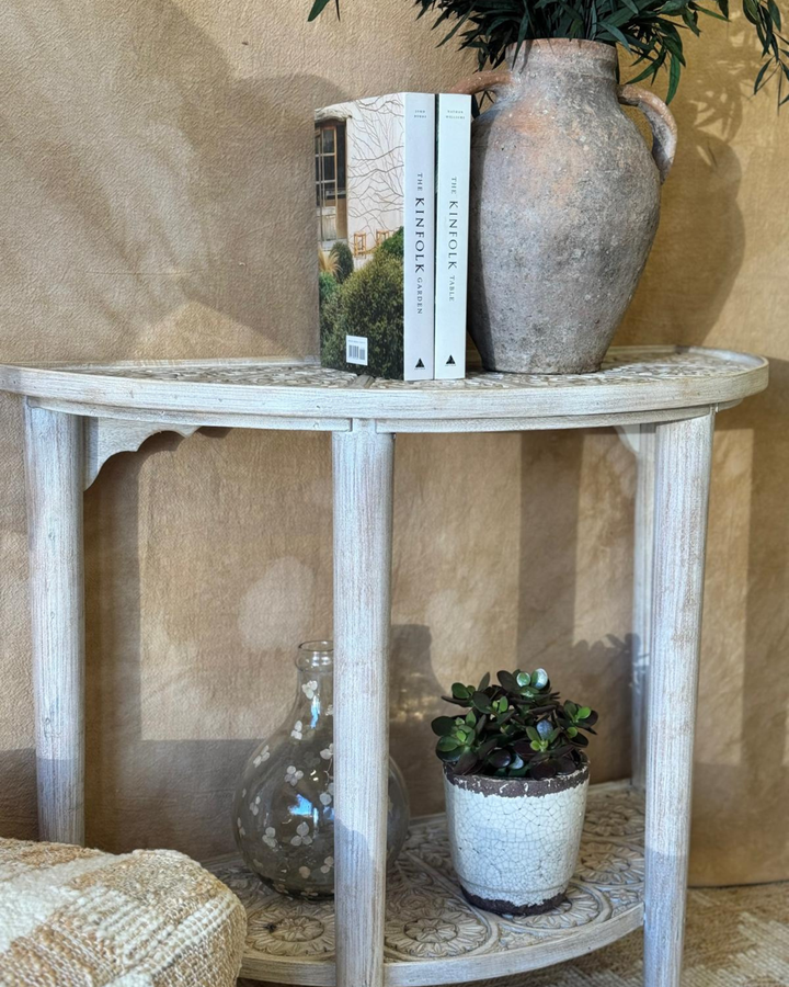 Hand-Carved Mango Wood Semi-Circular Console Table – Natural Finish with Floral Detailing