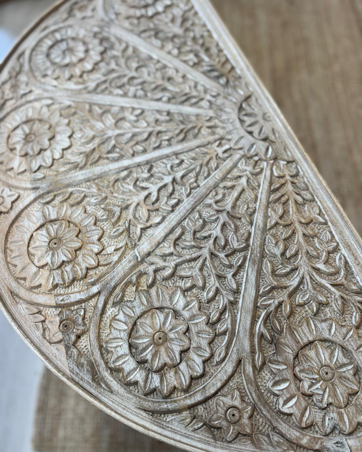 Hand-Carved Mango Wood Semi-Circular Console Table – Natural Finish with Floral Detailing