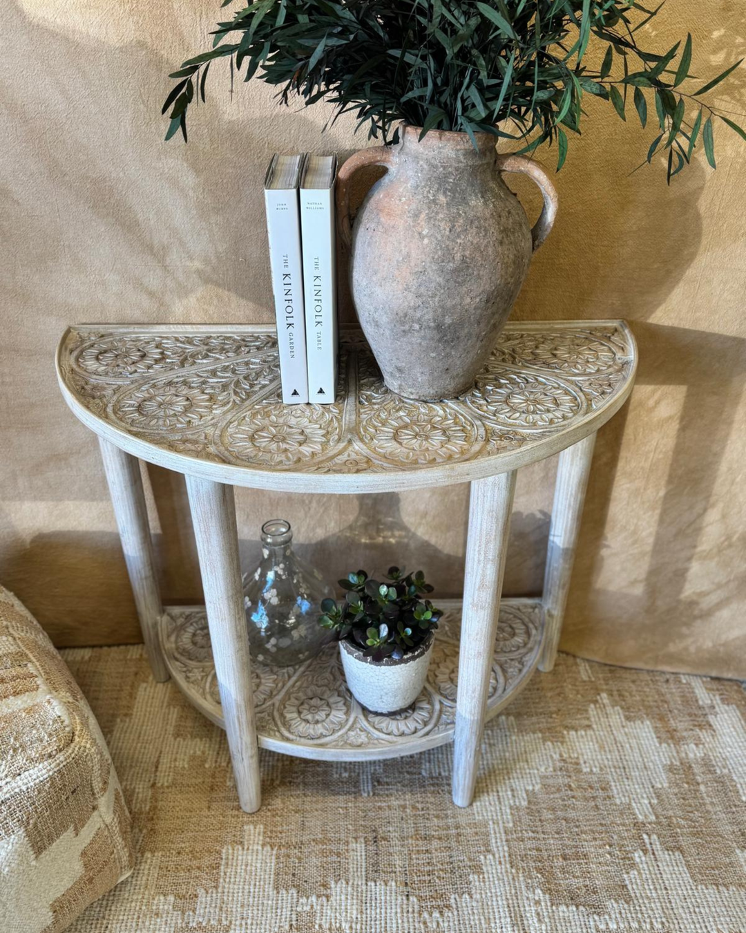 Hand-Carved Mango Wood Semi-Circular Console Table – Natural Finish with Floral Detailing