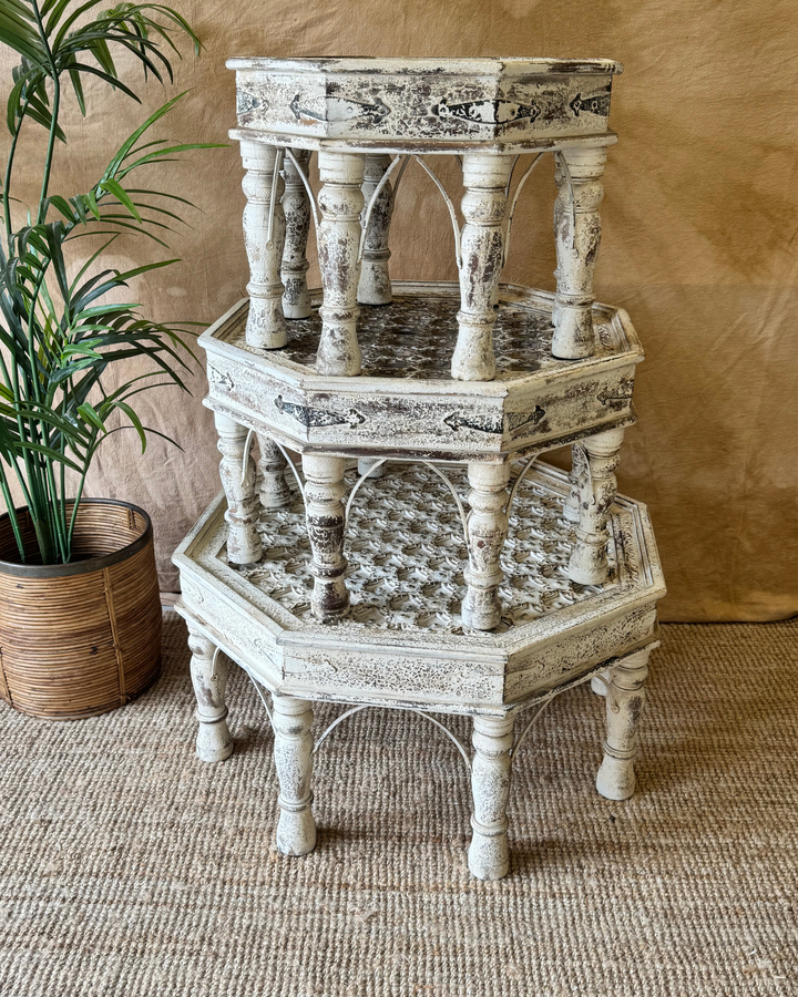 Vintage Hand-Carved Octagonal Coffee Tables – Reclaimed Wood with Whitewashed Finish