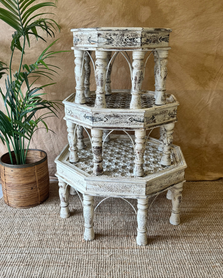 Vintage Hand-Carved Octagonal Coffee Tables – Reclaimed Wood with Whitewashed Finish