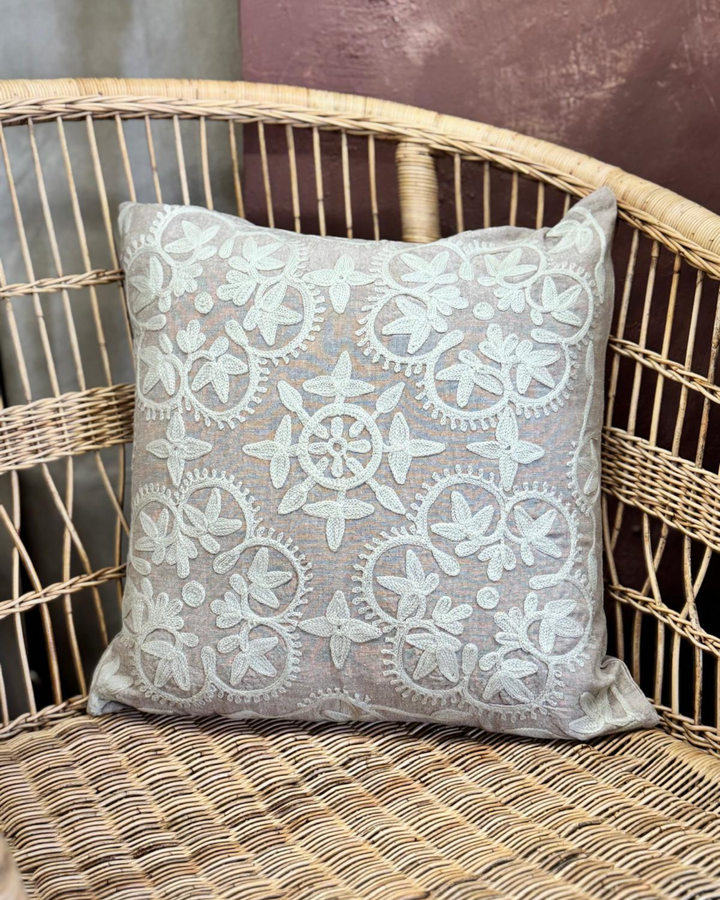Hand-Embroidered Cushion Cover – Natural Cotton-Linen, Cream Floral Pattern (45x45cm)