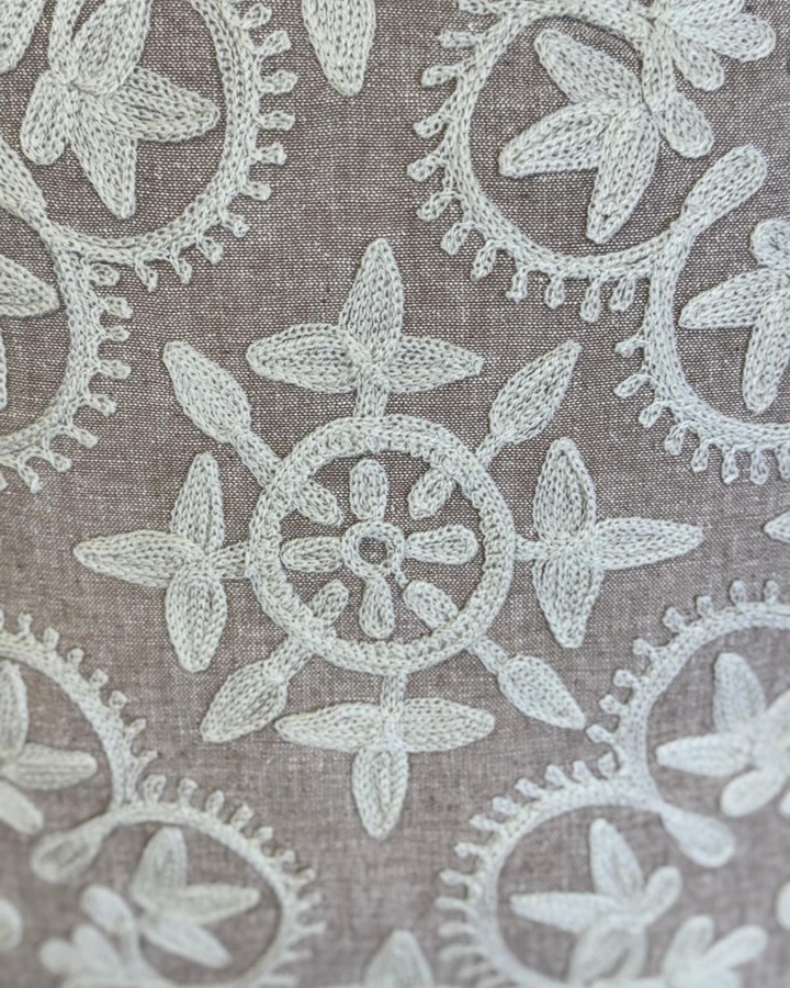 Hand-Embroidered Cushion Cover – Natural Cotton-Linen, Cream Floral Pattern (45x45cm)
