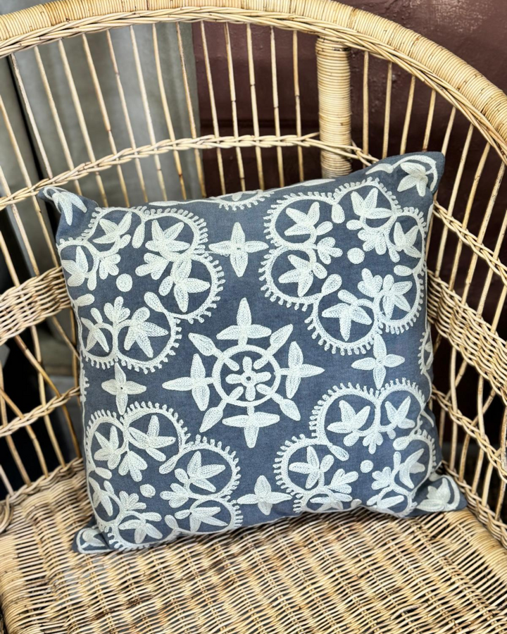 Hand-Embroidered Cushion Cover – Charcoal Cotton-Linen, Cream Floral Design (45x45cm)