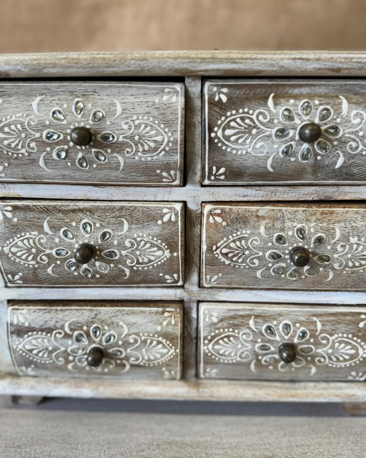 Hand-Carved Mango Wood Jewellery Chest – 6 Drawer Box in Whitewashed Finish