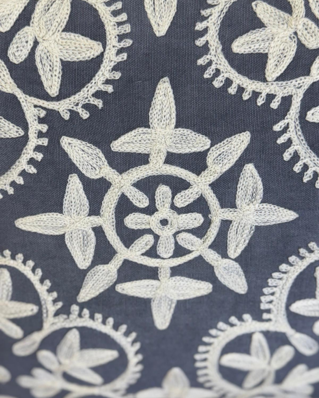 Hand-Embroidered Cushion Cover – Charcoal Cotton-Linen, Cream Floral Design (45x45cm)