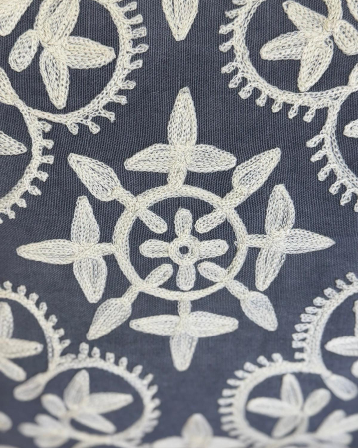Hand-Embroidered Cushion Cover – Charcoal Cotton-Linen, Cream Floral Design (45x45cm)