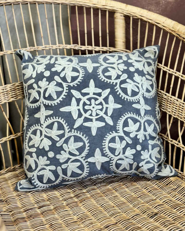 Hand-Embroidered Cushion Cover – Charcoal Cotton-Linen, Cream Floral Design (45x45cm)