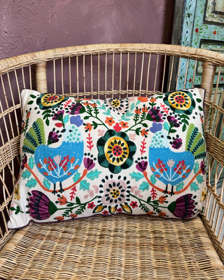 Embroidered Cushion Cover – Cream Cotton-Linen with Folk-Inspired Bird & Floral Motif (40x60cm)