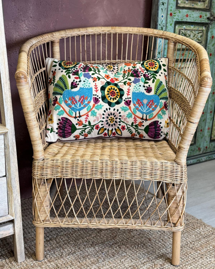 Embroidered Cushion Cover – Cream Cotton-Linen with Folk-Inspired Bird & Floral Motif (40x60cm)