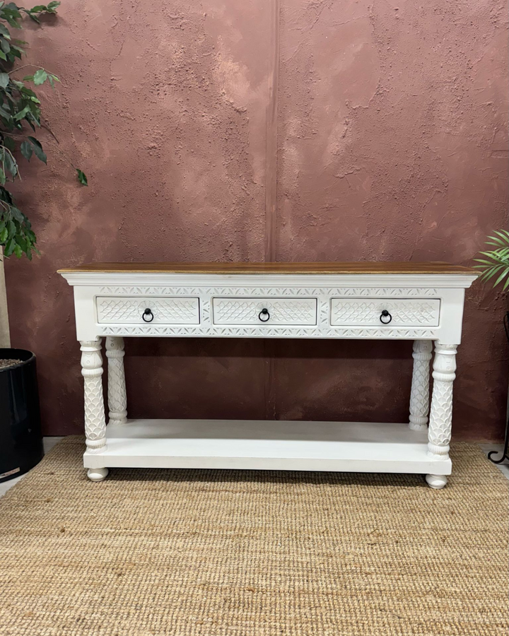 Hand Carved 3 Drawer Mango Wood Console Table