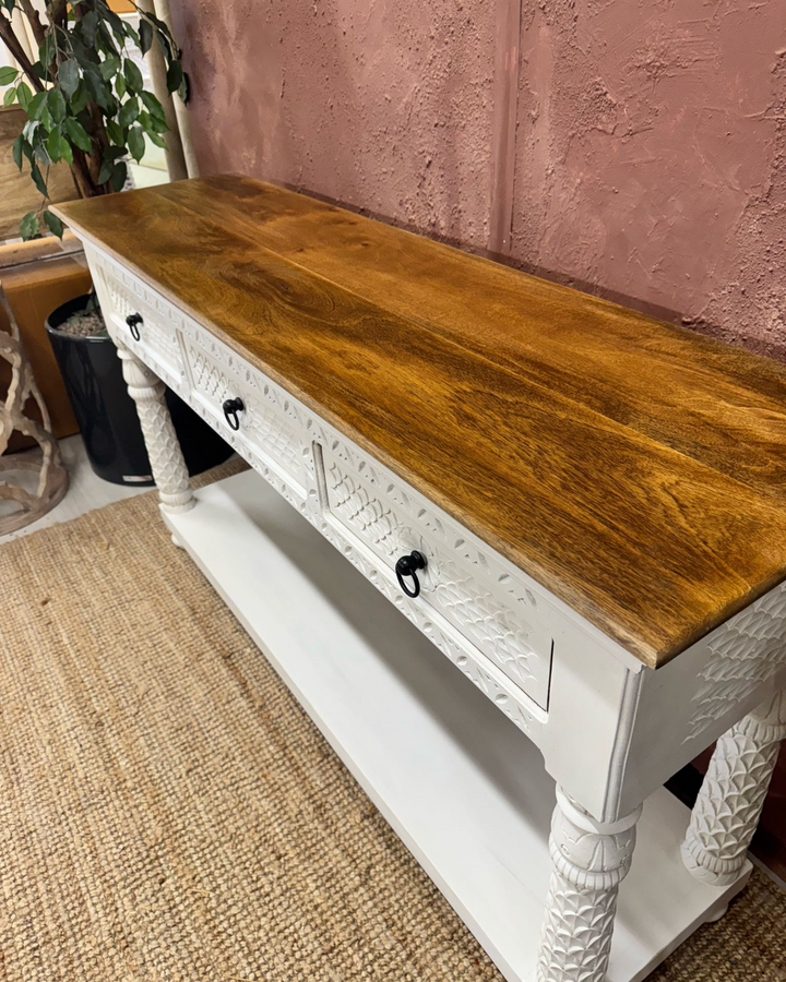 Hand Carved 3 Drawer Mango Wood Console Table