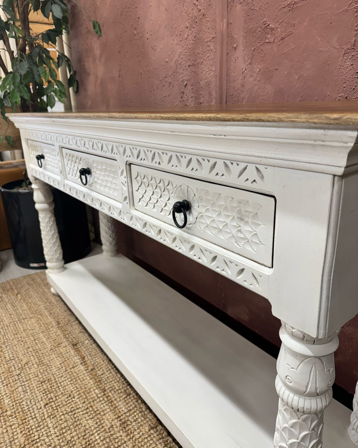 Hand Carved 3 Drawer Mango Wood Console Table