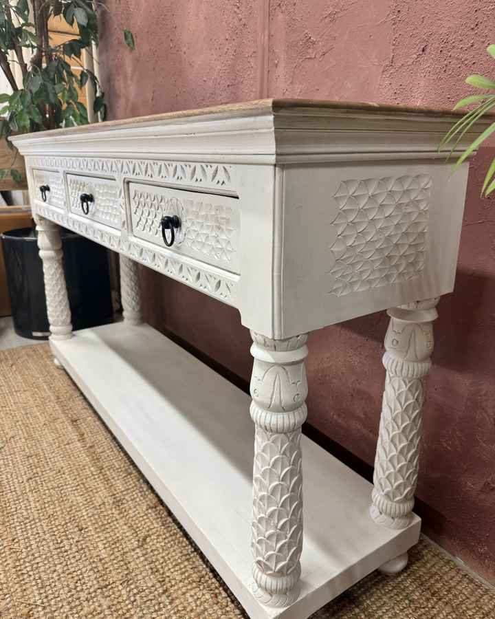 Hand Carved 3 Drawer Mango Wood Console Table