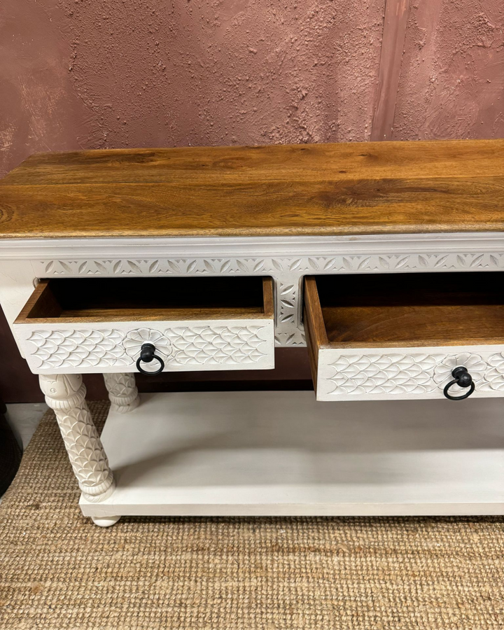 Hand Carved 3 Drawer Mango Wood Console Table