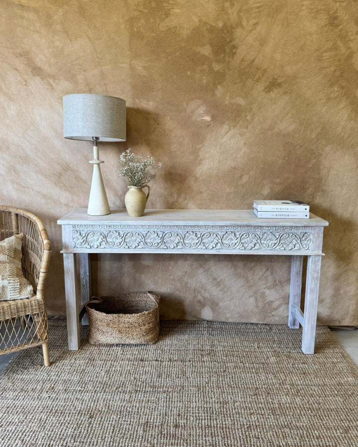 Hand-Carved Mango Wood Console Table – Creamwashed Finish with Floral Detailing (150cm