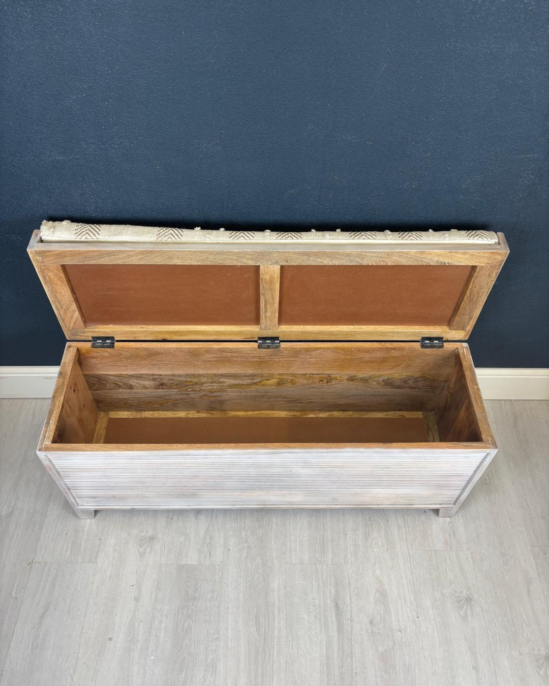 Mango Wood & Handwoven Geometric Cotton Ottoman Storage Bench – Two Sizes