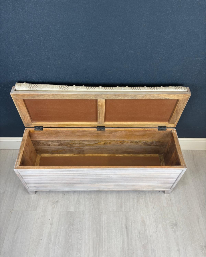 Mango Wood & Handwoven Geometric Cotton Ottoman Storage Bench – Two Sizes