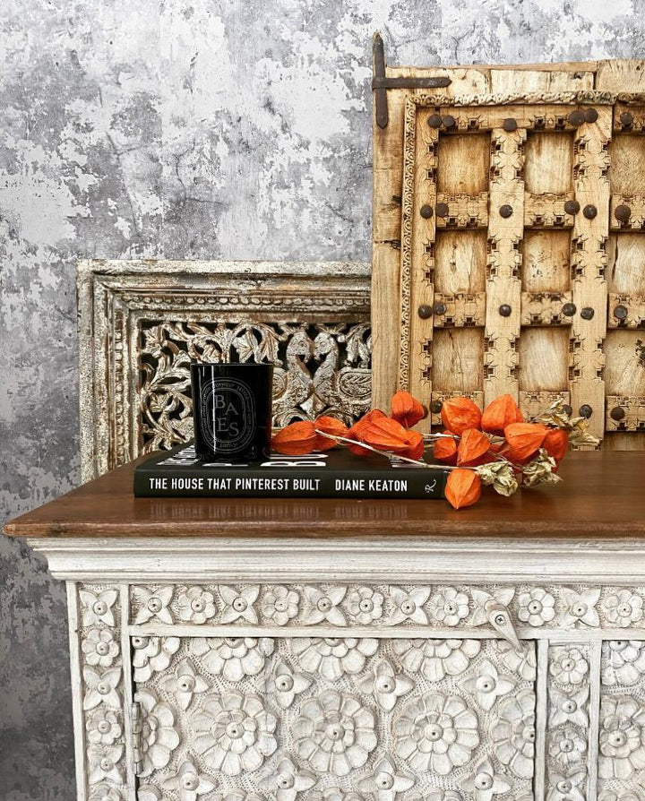 Hand Carved Flower Design Whitewashed Mango Wood Sideboard