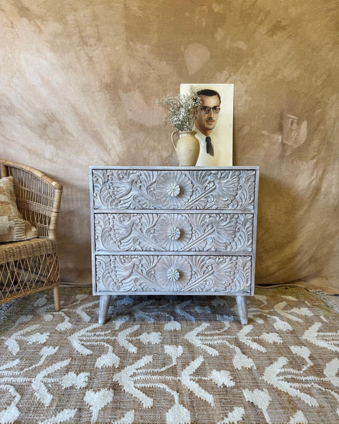 Hand-Carved Mango Wood Three Drawer Chest –Creamwash Finish