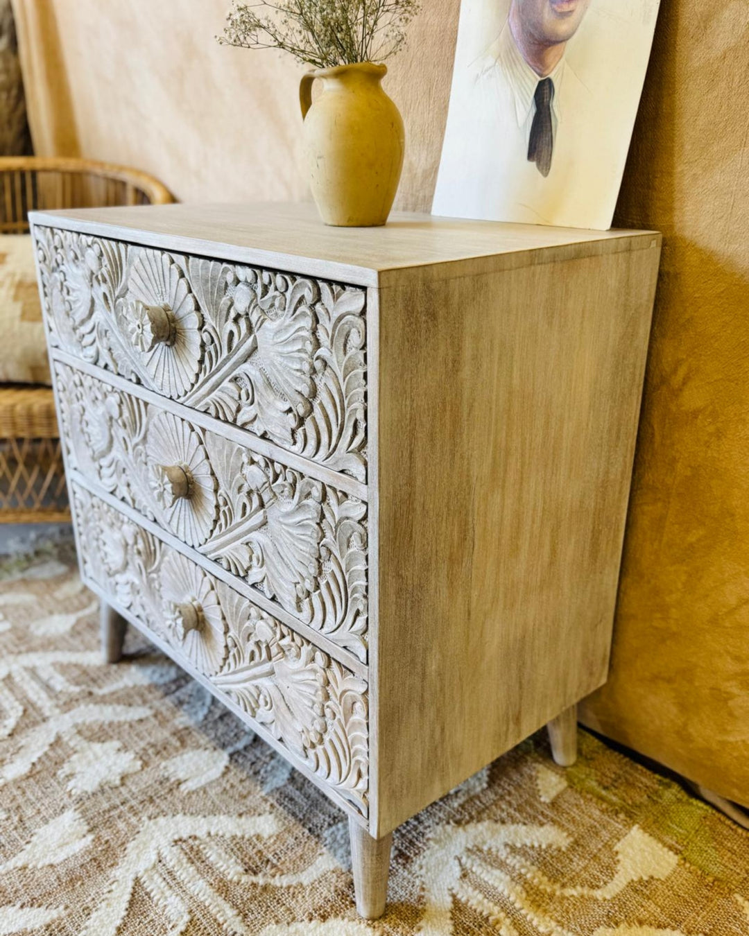 Hand-Carved Mango Wood Three Drawer Chest –Creamwash Finish