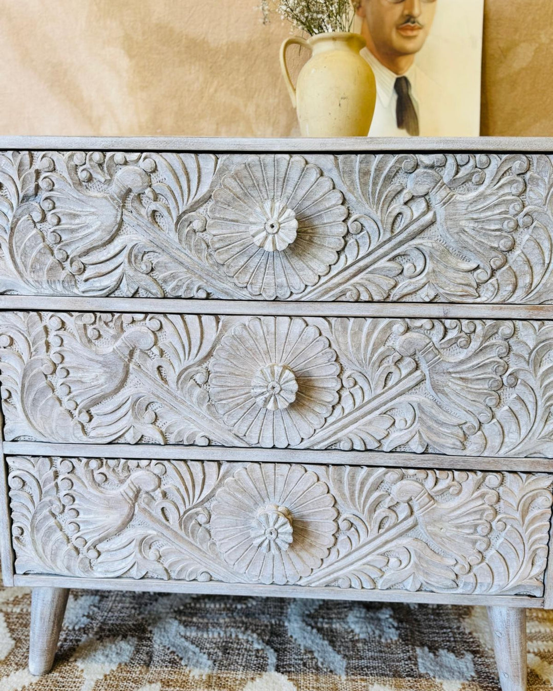 Hand-Carved Mango Wood Three Drawer Chest –Creamwash Finish