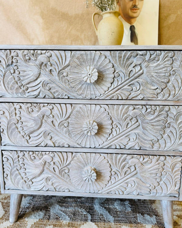 Hand-Carved Mango Wood Three Drawer Chest –Creamwash Finish