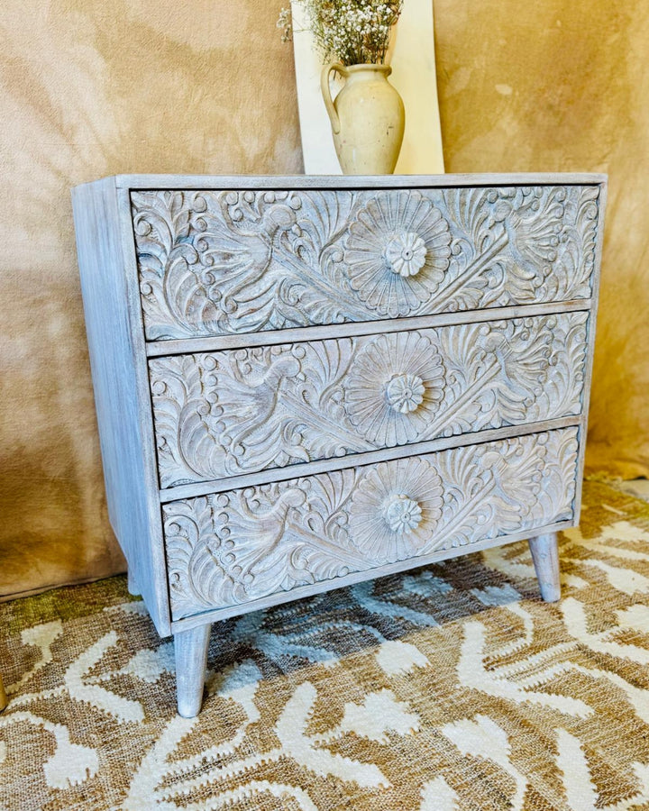 Hand-Carved Mango Wood Three Drawer Chest –Creamwash Finish