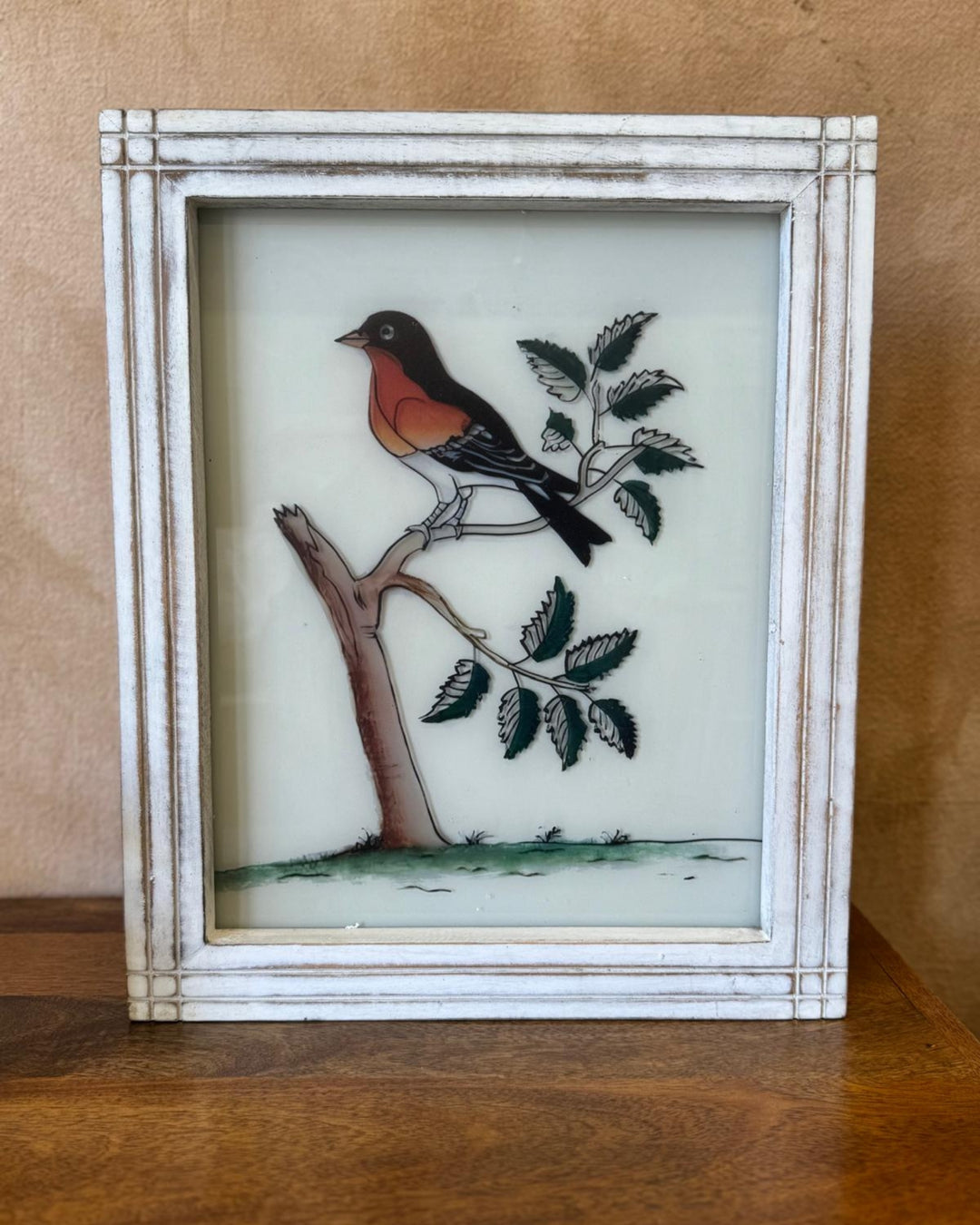 Hand-Painted Indian Reverse Glass Bird Artwork – Mango Wood Frame (Distressed White, 37 x 45cm)