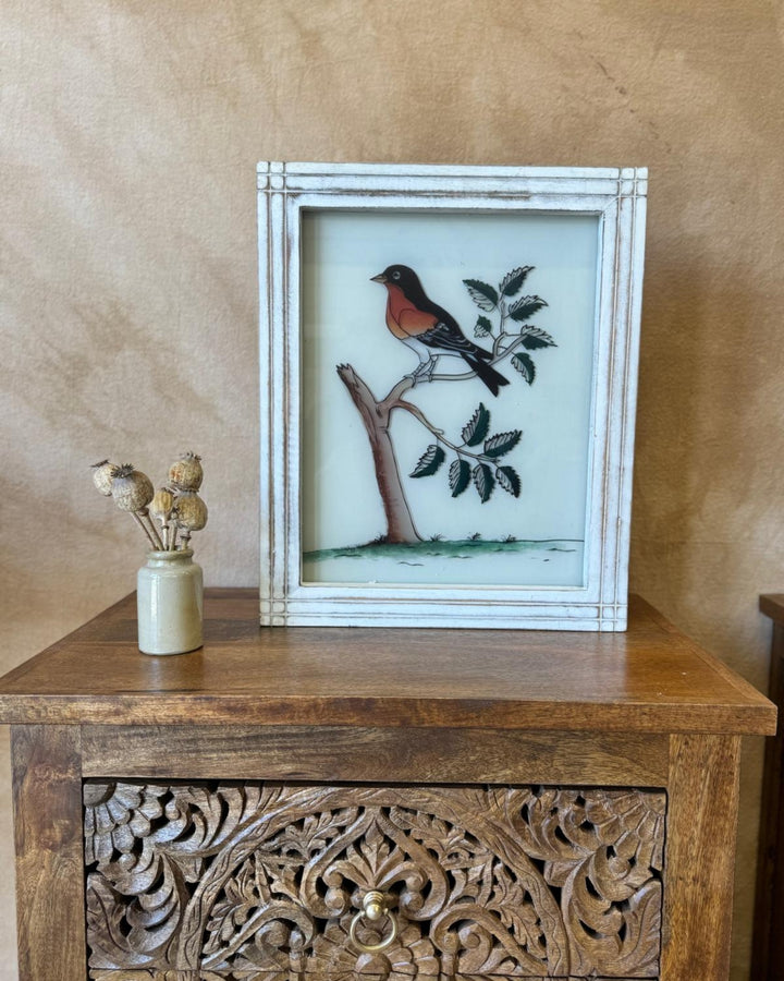 Hand-Painted Indian Reverse Glass Bird Artwork – Mango Wood Frame (Distressed White, 37 x 45cm)