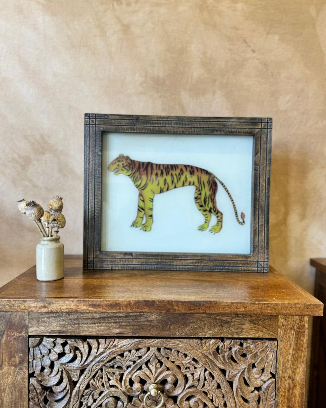 Hand-Painted Indian Reverse Glass Tiger Artwork – Mango Wood Frame (Natural Finish, 37 x 45cm)