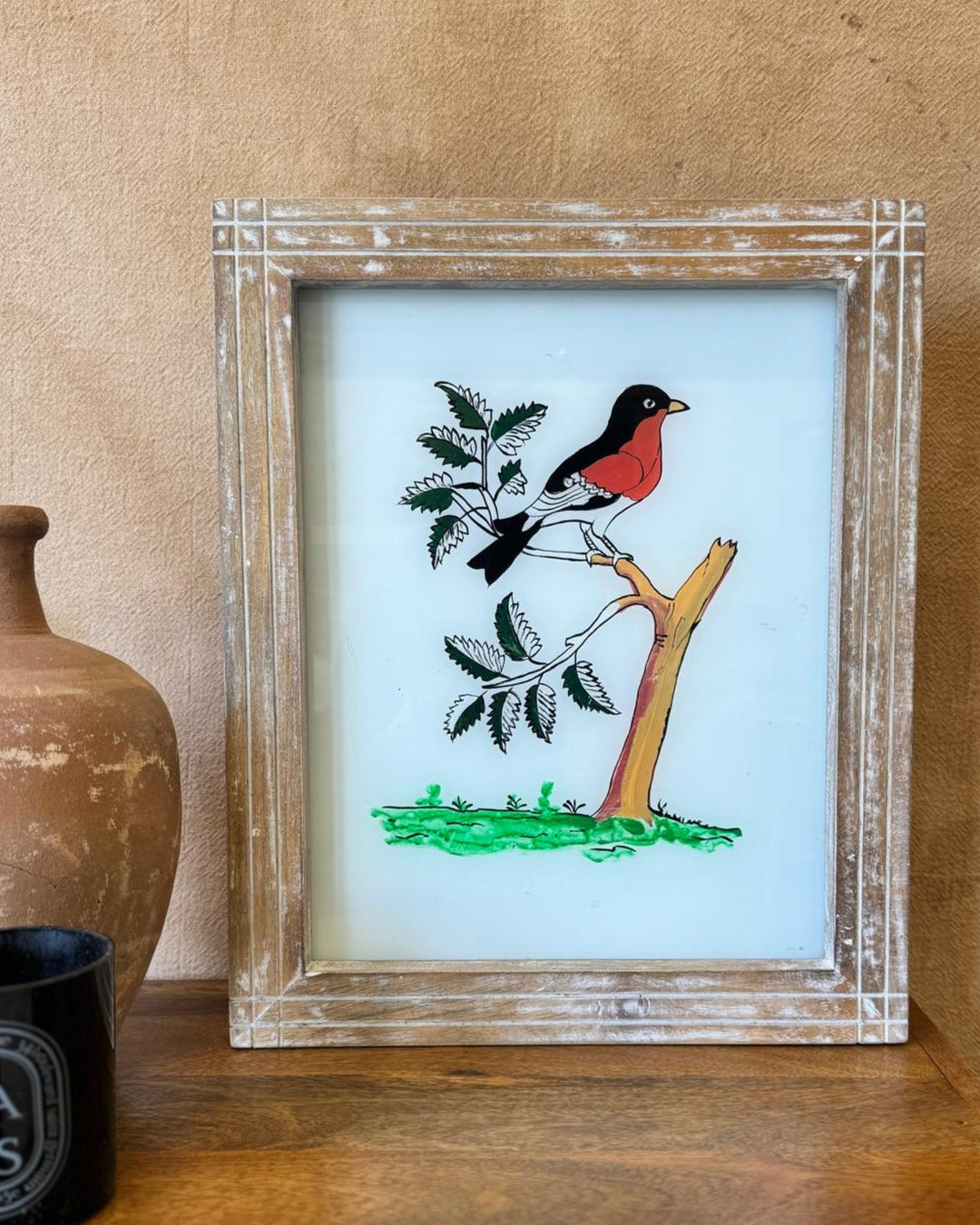 Hand-Painted Indian Reverse Glass Bird Artwork – Mango Wood Frame (Whitewashed, 37 x 45cm)