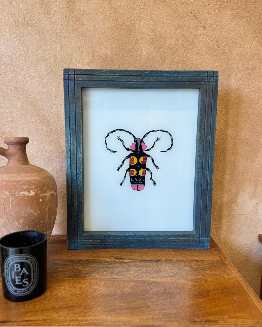 Hand-Painted Indian Reverse Glass Beetle Artwork – Mango Wood Frame (Indigo Finish, 37 x 45cm)
