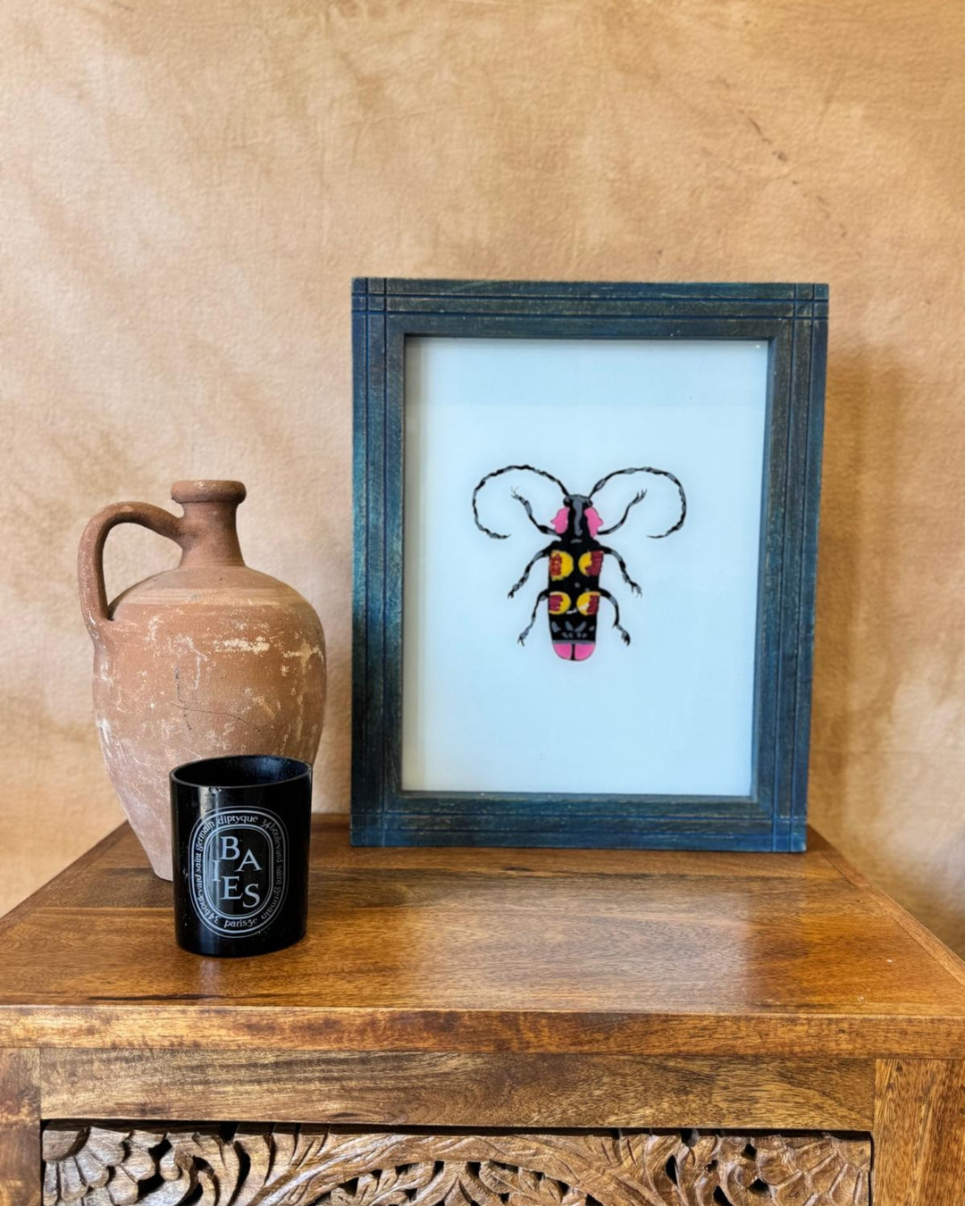 Hand-Painted Indian Reverse Glass Beetle Artwork – Mango Wood Frame (Indigo Finish, 37 x 45cm)
